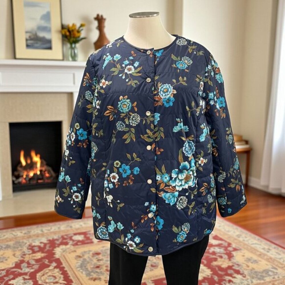Dennis Basso‎ Floral Quilted Jacket 2X Blue Fall Layering Vintage Grannycore